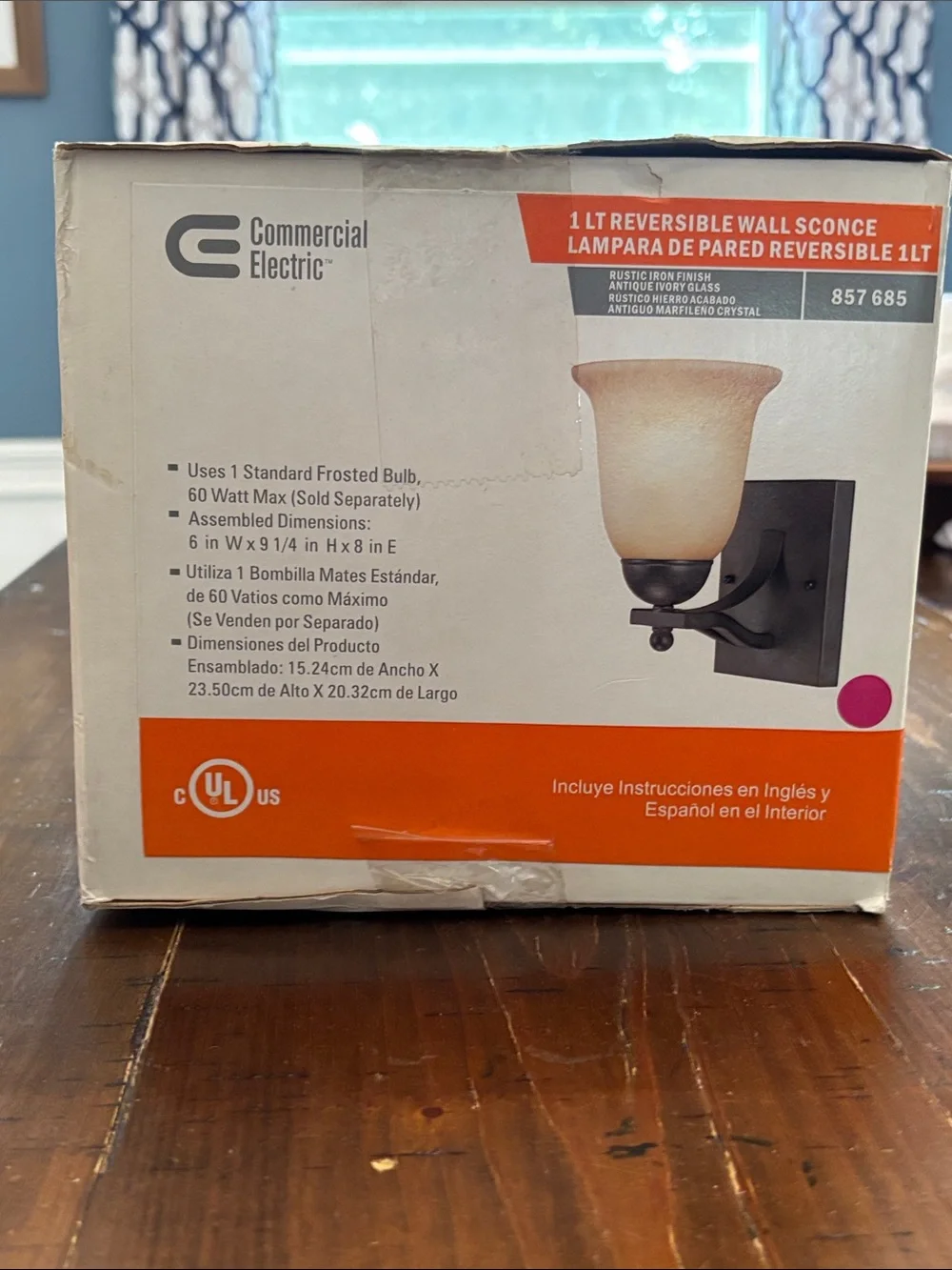 Vintage 1Lt Reversible Wall Sconce in rust iron with Frosted Glass NIB